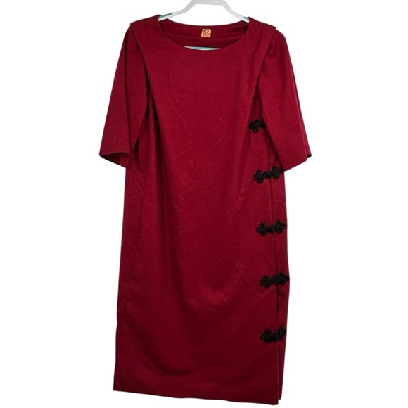 Vintage 1960s Handmade Couture Wool Dress Crimson Red w/ Black Frog Closures - Picture 2 of 13